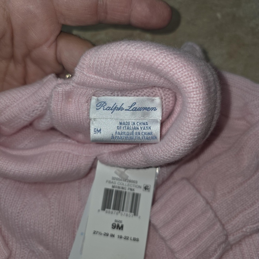 Ralph Lauren Coverall Girls 9M Pink Cable Knit Italian Yarn Bow Collar Luxe Cozy - Picture 4 of 8